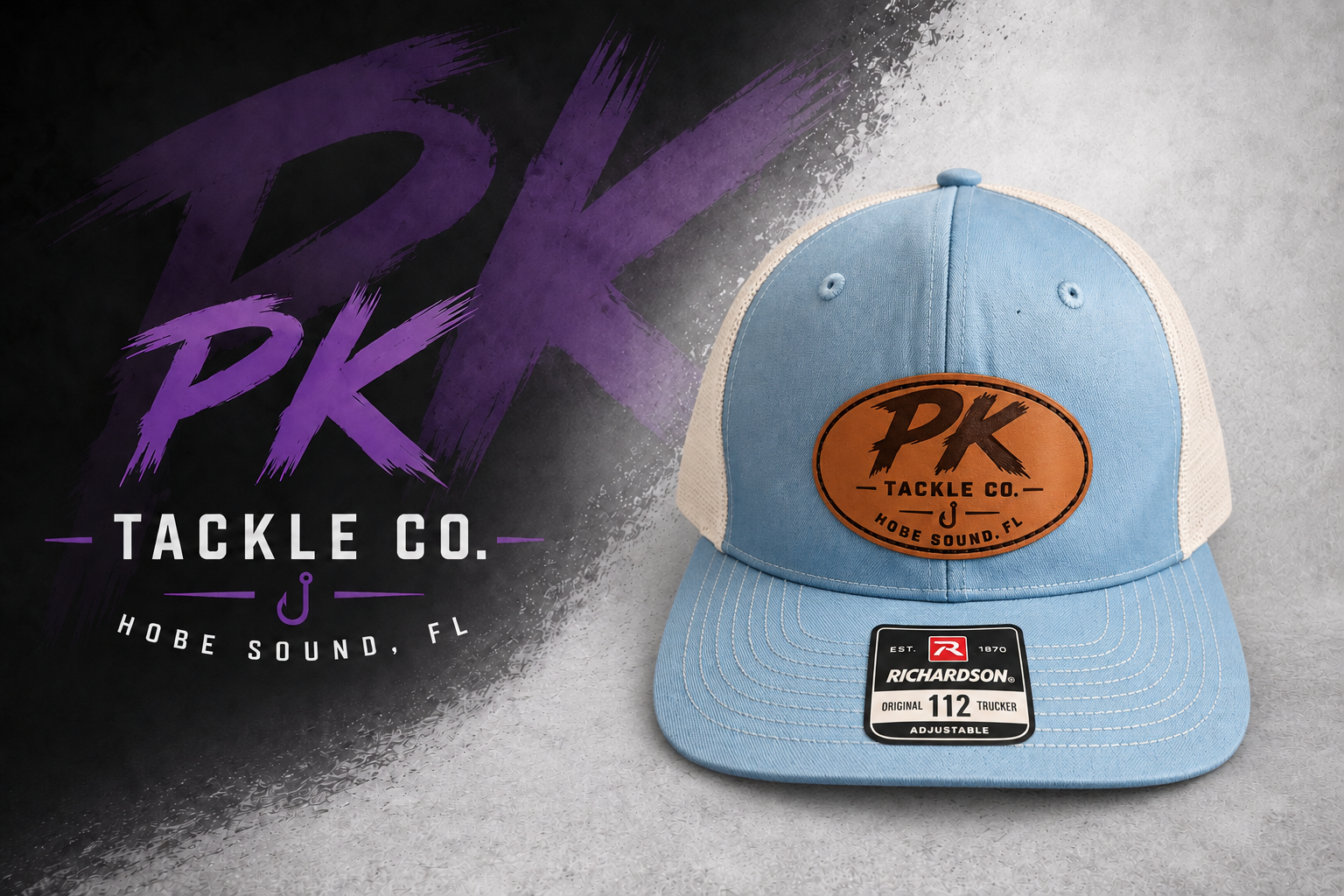 Plum Krazy Heritage Richardson 112 Leather-Patch Trucker Hat — Columbia Blue / White