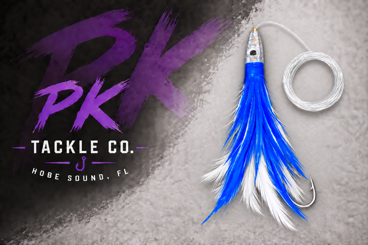 6.5 inch feather skirt trolling lure — mahi, tuna, wahoo — Blue / White