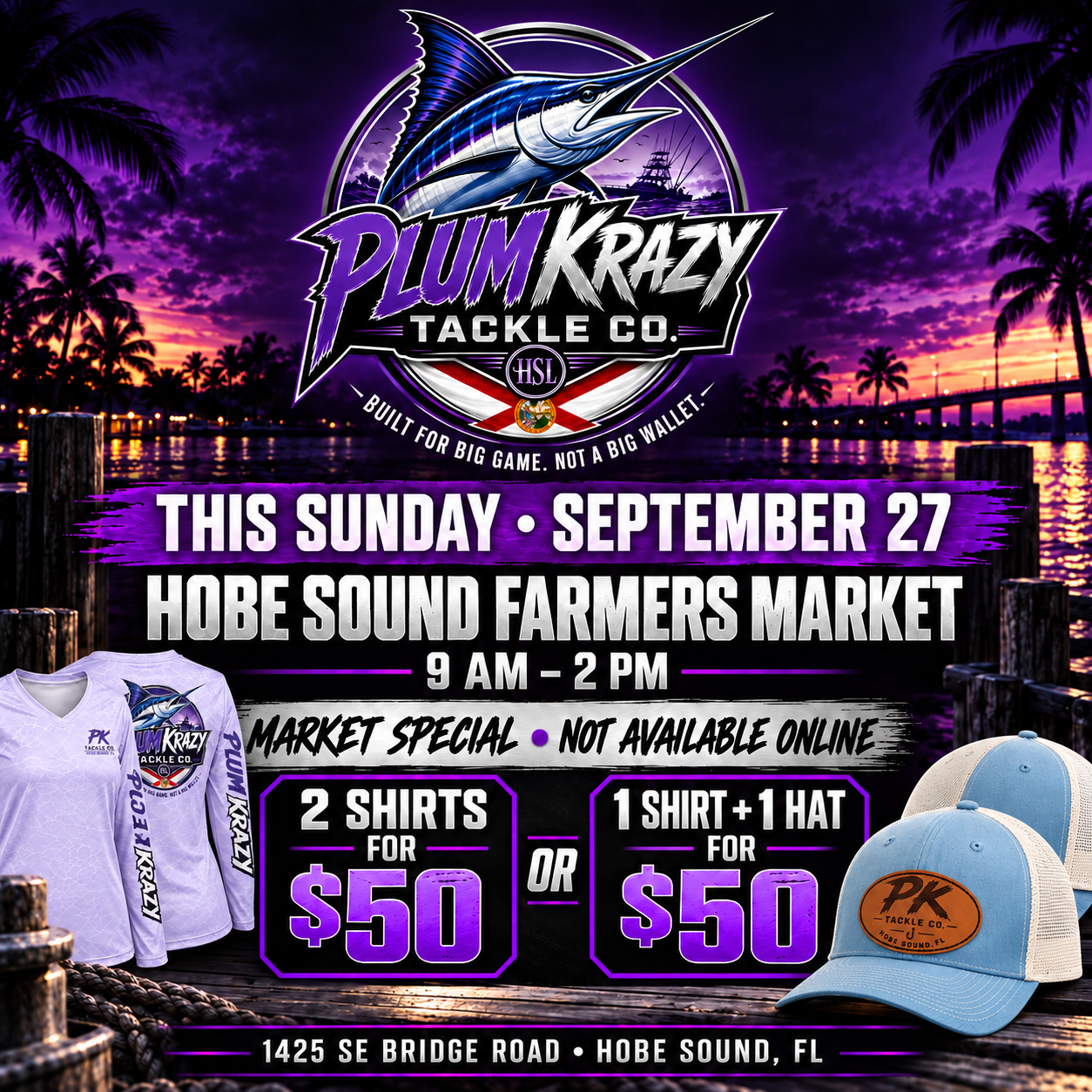 Hobe Sound Farmers Market — this Sunday, September 27, 9 AM–2 PM, 1425 SE Bridge Road, Hobe Sound, FL. Market specials: 2 shirts for $50 or 1 shirt + 1 hat for $50.