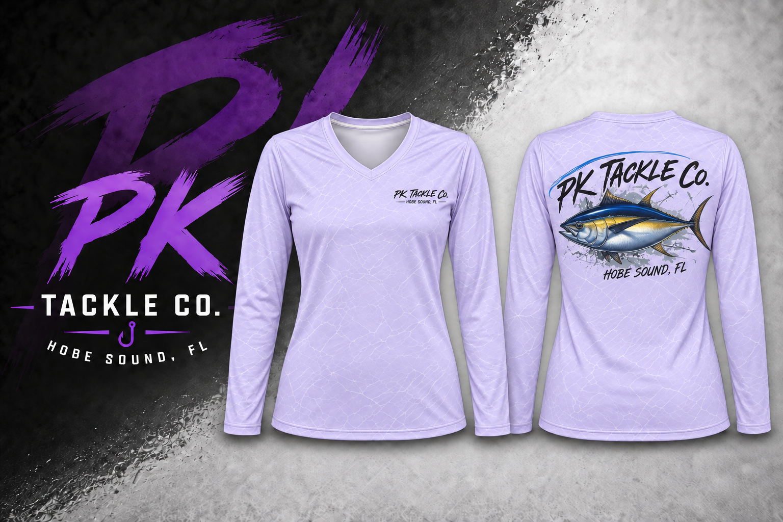 Women's V-Neck Long-Sleeve Fishing Shirt — Lavender Yellowfin Tuna